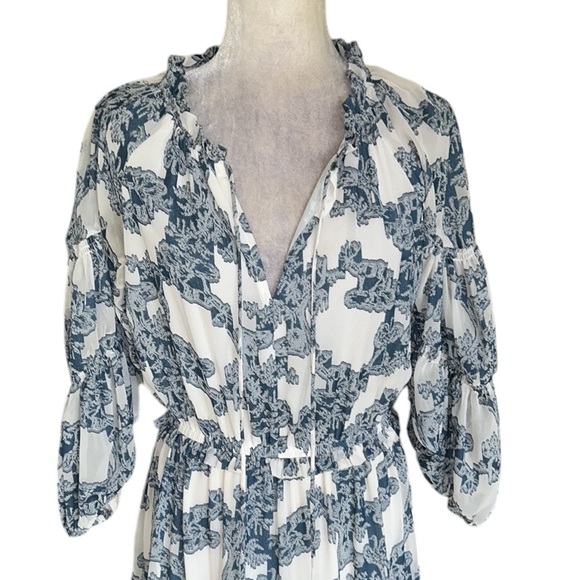 Anthropologie Current Air Isla Blue White Tie Neck Tiered Ruffle Midi Dress - XS - Picture 4 of 16